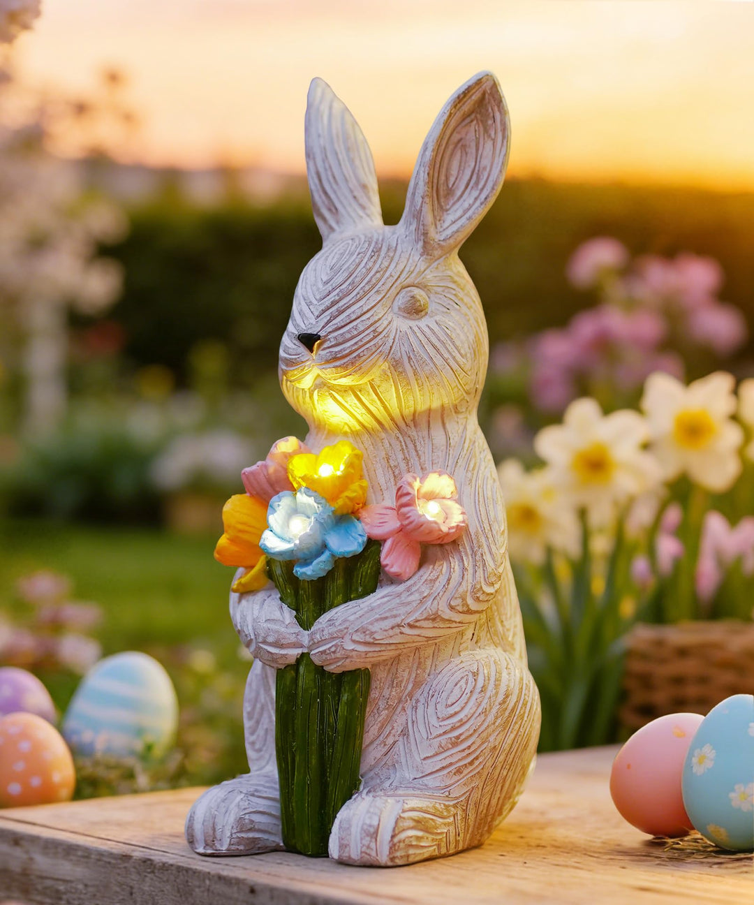 Yeomoo Kaninchen Figuren mit Blumen Solarlampen Gartendeko Deko Zimmer - Lustige Hase mit Solarleuch