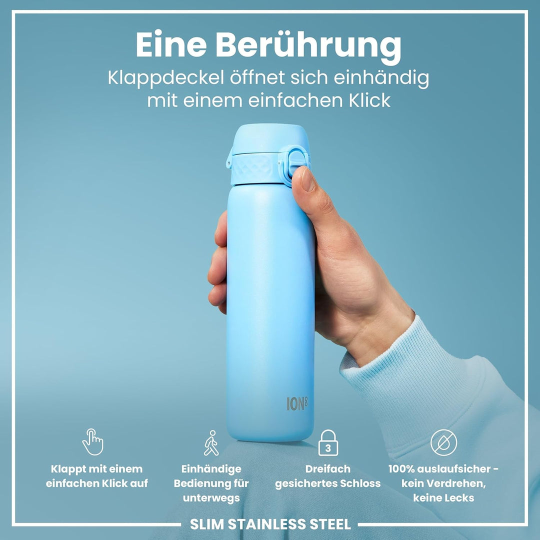 Ion8 Stahl-Trinkflasche, 600 ml, Auslaufsicher, Einhandöffnung, Sichere Verriegelung, Spülmaschinenf
