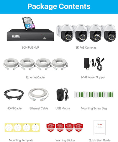 ZOSI 5MP PoE Überwachungskamera Set Aussen, 4X 355°/140° Schwenkbar IP Dome Kamera und 8CH 4K PoE NV