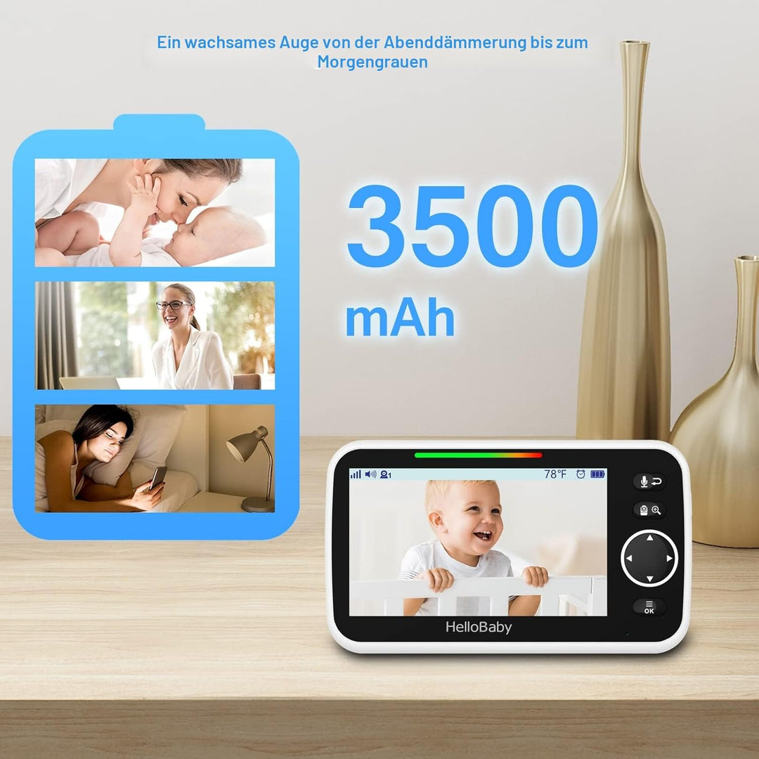 HelloBaby Monitor mit Kamera und Audio, 12,7 cm (5 Zoll) grosser Bildschirm mit 3500 mAh Akku, Ferns