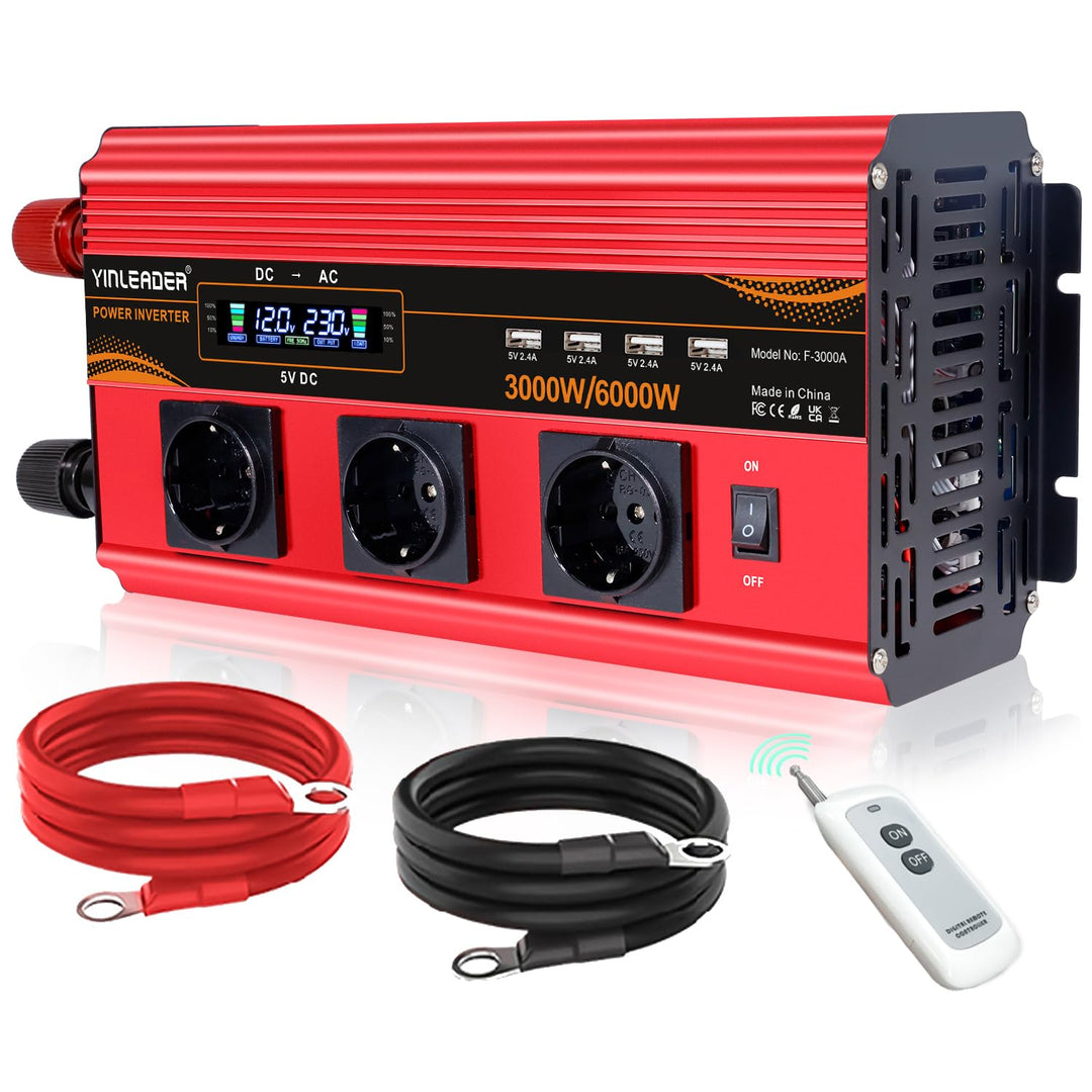 Wechselrichter 12V 230V 3000W /6000W Wechselrichter Fernbedienung 4X USB und LCD 3 AC Steckdosen Mod