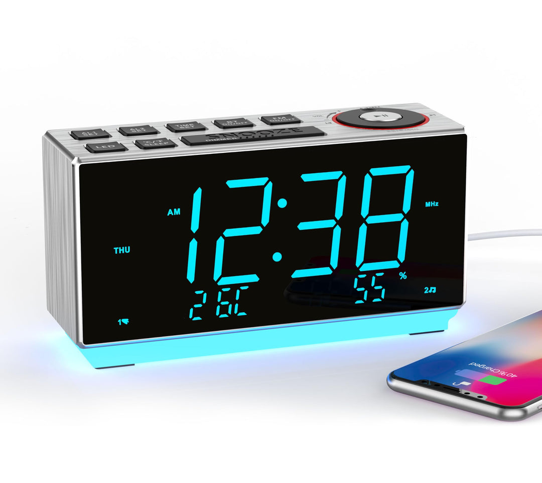 iTOMA Wecker mit FM-Radio, USB-Aufladung, 1.8'' Ice Blue LED-Anzeige, Nachtlicht, Dual Alarm, Snooze