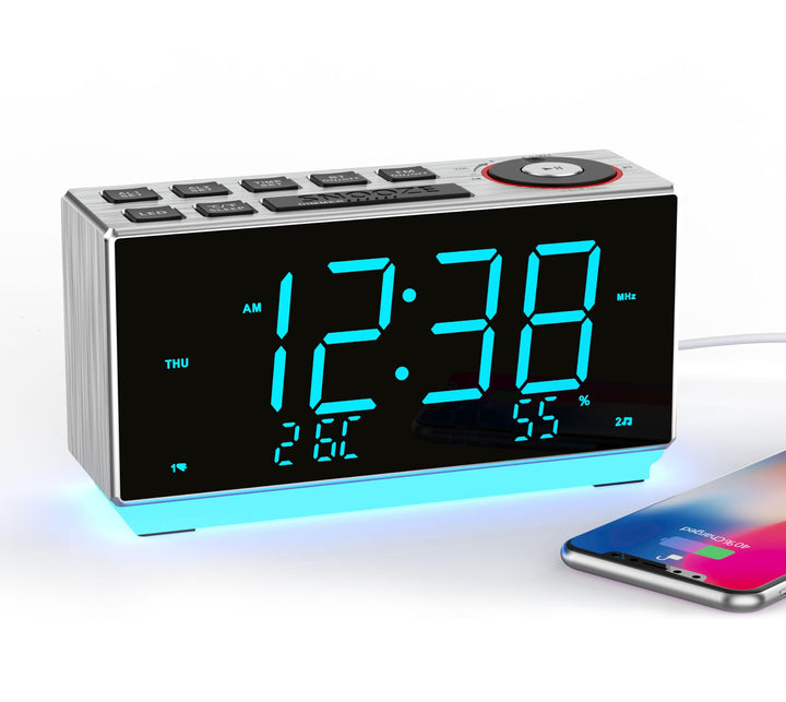 iTOMA Wecker mit FM-Radio, USB-Aufladung, 1.8'' Ice Blue LED-Anzeige, Nachtlicht, Dual Alarm, Snooze