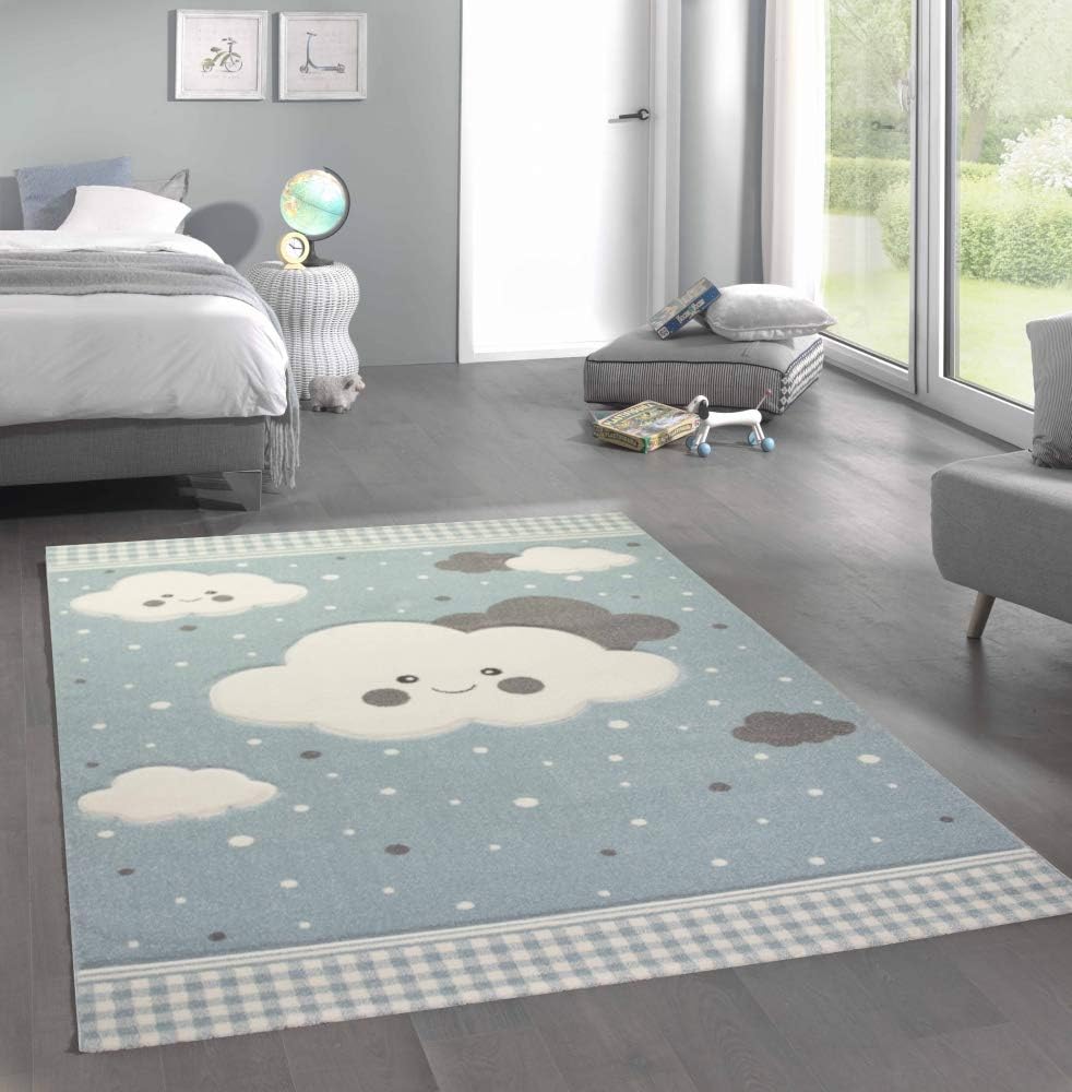 Merinos Teppich für Kinder mit Wolken Spielteppich in Blau Grösse 120 cm Rund, 120 cm Rund