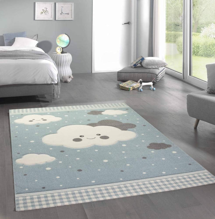 Merinos Teppich für Kinder mit Wolken Spielteppich in Blau Grösse 120 cm Rund, 120 cm Rund
