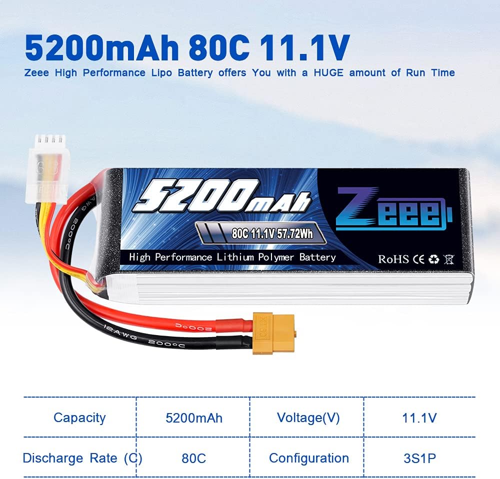 Zeee 3S LiPo Akku 5200mAh 11,1V 80C mit XT60 Steck für RC Auto, RC Flugzeug, RC Hubschrauber, RC Hob