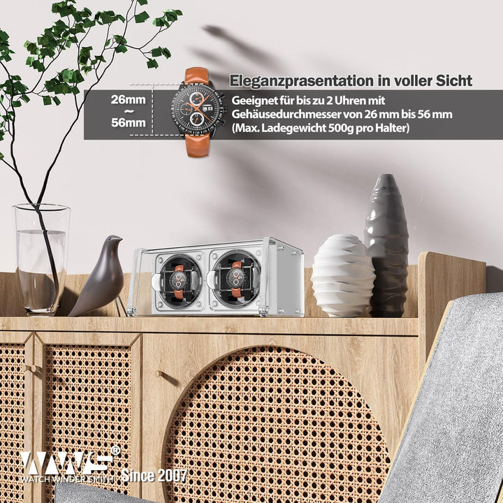 Watch Winder Smith Uhrenbeweger mit Mittelrotationsstoppfunktion – für 2 Uhren – geeignet für grosse
