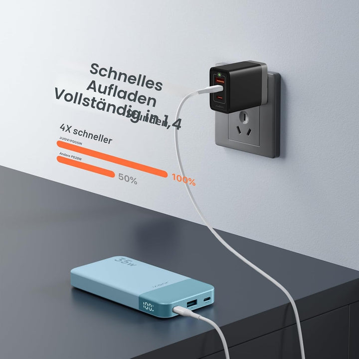 JUOVI Tragbare Powerbank 10000 mAh 35 W Schnellladung Tragbares Ladegerät mit PD 3.0 QC 4.0, 2 Typ-C