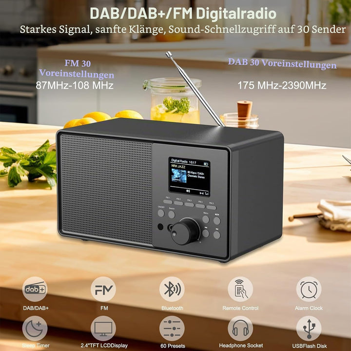 DAB+/DAB Retro Radio mit Bluetooth 5.0 &amp; Fernbedienung, Nostalgie-Design mit 2,4 Farbdisplay, Doppel