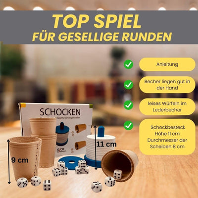 GICO Schocken Set - Komplett mit Schockbesteck, 4 Würfelbecher und 12 Würfeln - Jule Meiern Maxen Mö