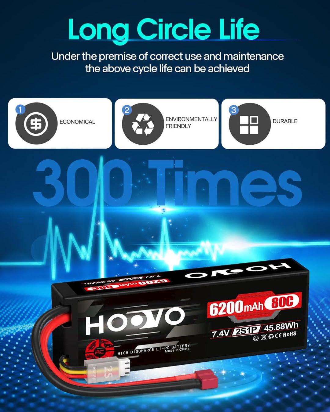 HOOVO 2S Lipo Akku 7,4V 80C 6200mAh RC Batterie mit Deans Stecker Batterie für RC Auto Flugzeug Heli