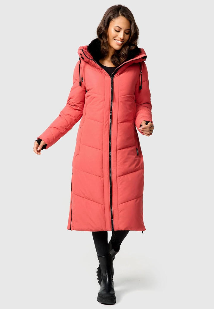 MARIKOO Damen Wintermantel Warmer Steppmantel lang mit Kapuze und abnehmbarem Kunstfellkragen Nadare