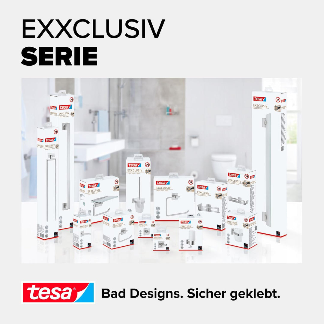 tesa EXXCLUSIV Toilettenbürsten-Set, verchromt, mit satiniertem Glas - zur Wandbefestigung ohne Bohr