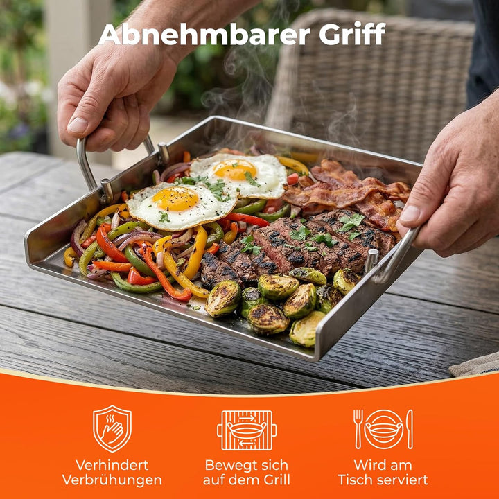 Plancha Grillplatte 40 x 30 cm, 4mm Edelstahl Platte hitzebeständig &amp; verformungsfrei, mit Grillspac