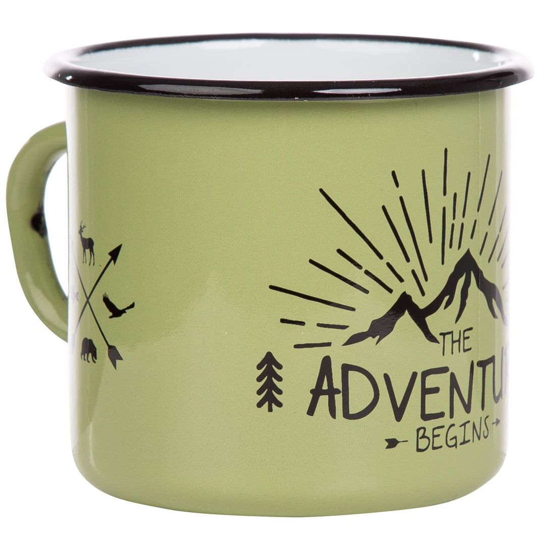MUGSY Emaille Tasse mit Spruch The Adventure Begins, 330 ml, Camping Tasse, Camping Ausrüstung, Retr