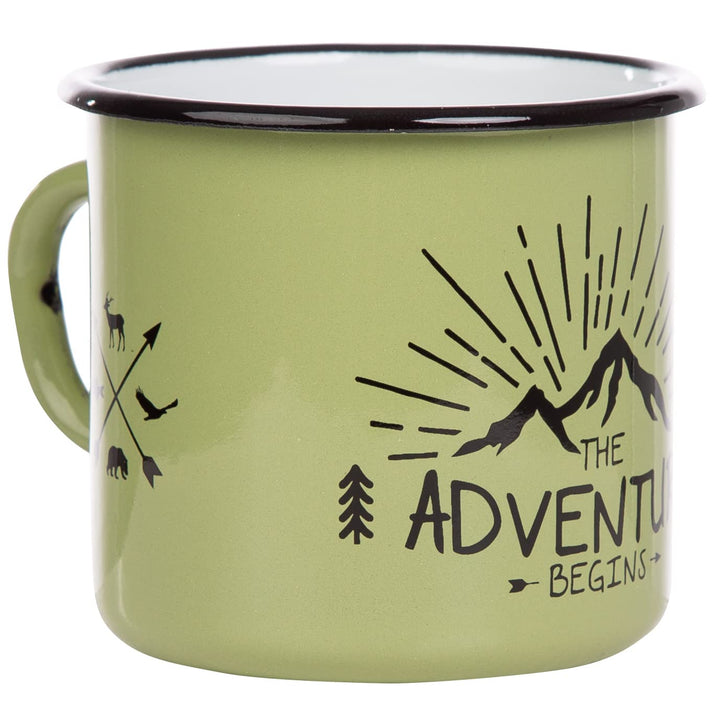 MUGSY Emaille Tasse mit Spruch The Adventure Begins, 330 ml, Camping Tasse, Camping Ausrüstung, Retr