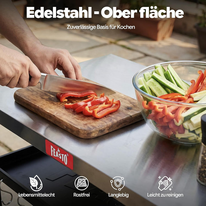 Feasto Grillwagen Outdoor 3 Etagen, Multifunktionaler Grilltisch mit Edelstahlplatt, Griff, Rollen,