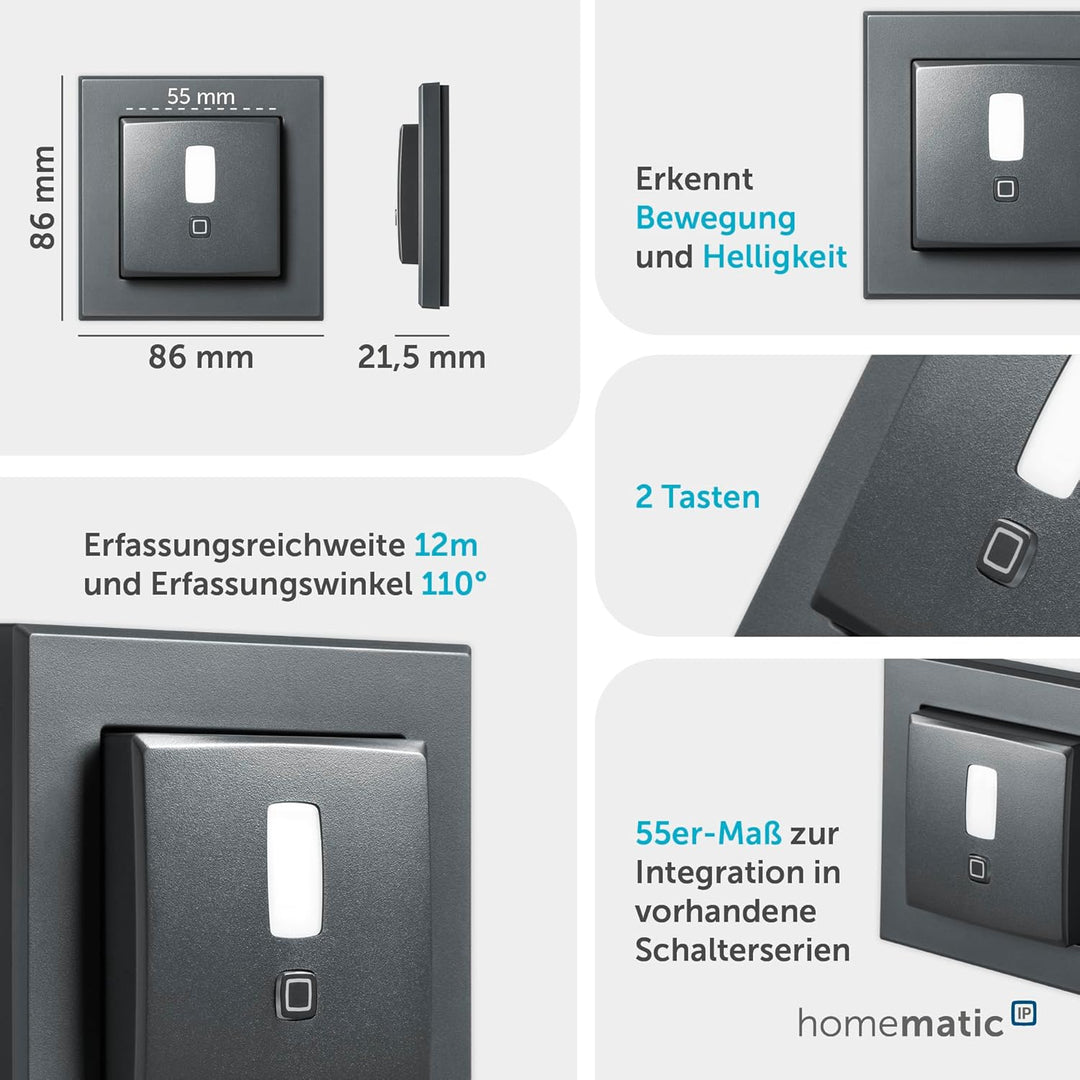 Homematic IP Smart Home Bewegungsmelder im 55er-Rahmen – innen, anthrazit, Zubehör für Smart Home mi