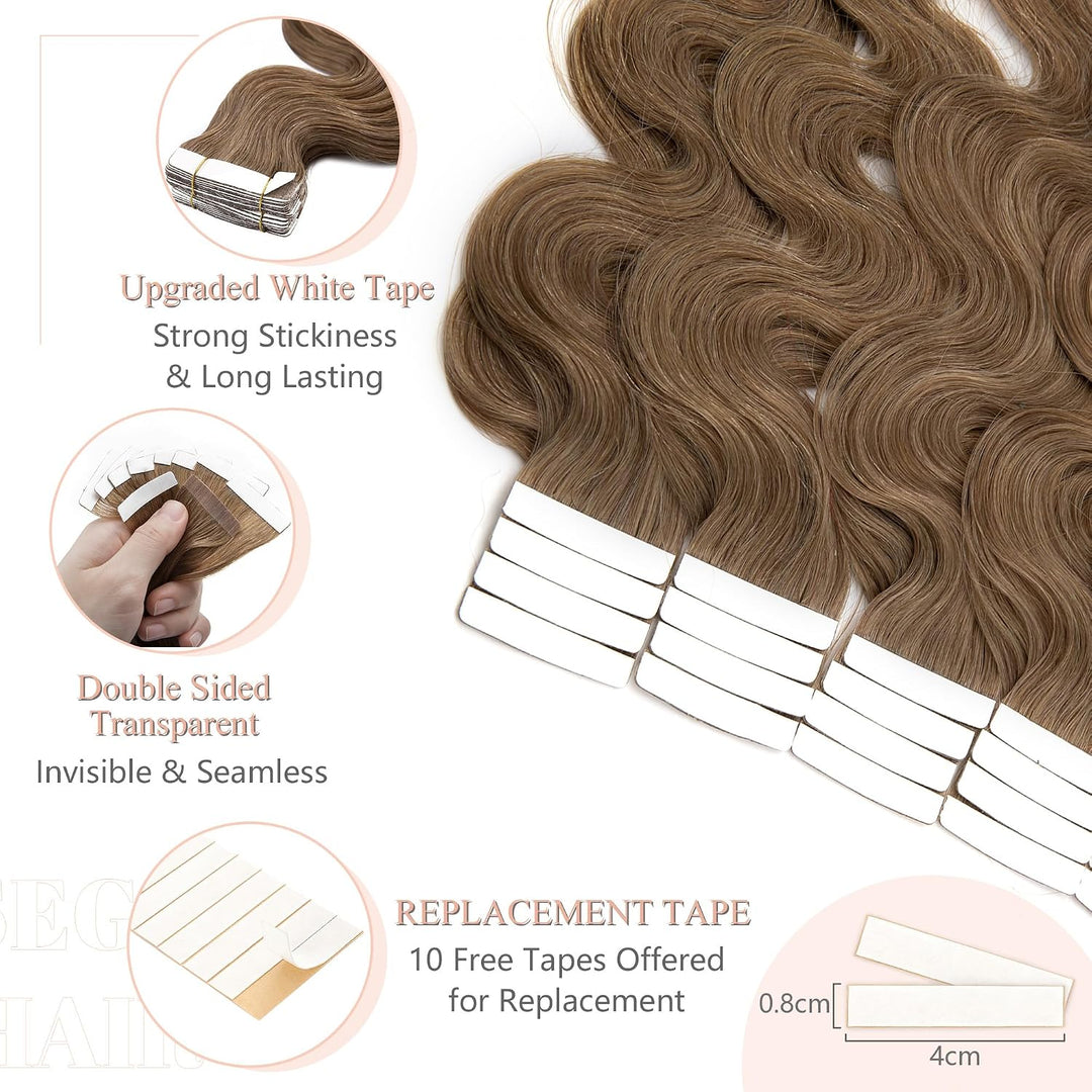 SEGO Tape Extensions Echthaar GEWELLT 16zoll/40cm 20 Stück Klebeband Haarverlängerung 100% Remy Haar