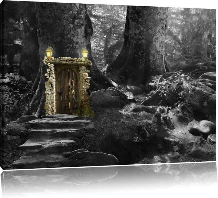 Pixxprint Geheimes Tor im Wald als Leinwandbild | Grösse: 100x70 cm | Wandbild | Kunstdruck | fertig