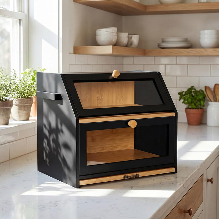 HUOLE Brotkasten Bambus 2 Etagen Brotkasten Küchenorganizer Brotkasten Holz Brotkasten mit Sichtfens