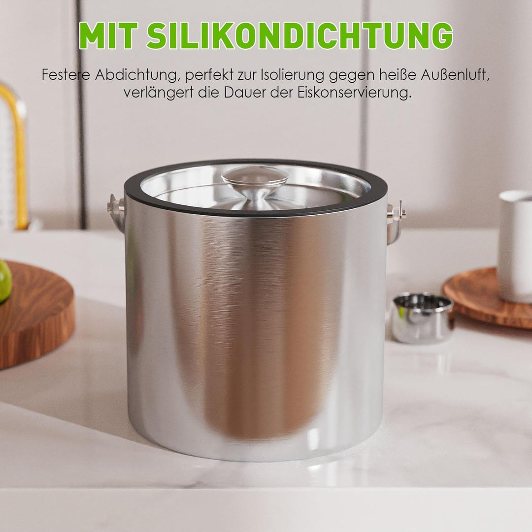 3,2 L Eiswürfelbehälter mit Deckel und Zange，Doppelwandig Isoliert Edelstahl Eiswürfelbehälter für W