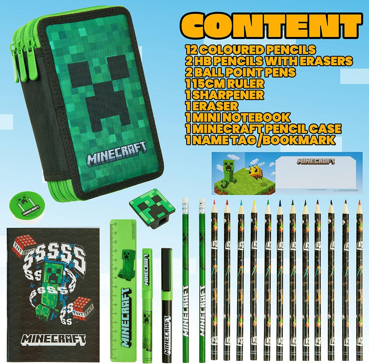 Minecraft Federmäppchen Jungen und Mädchen Mäppchen Gefüllt Creeper Federmappe mit Schreibwaren Game