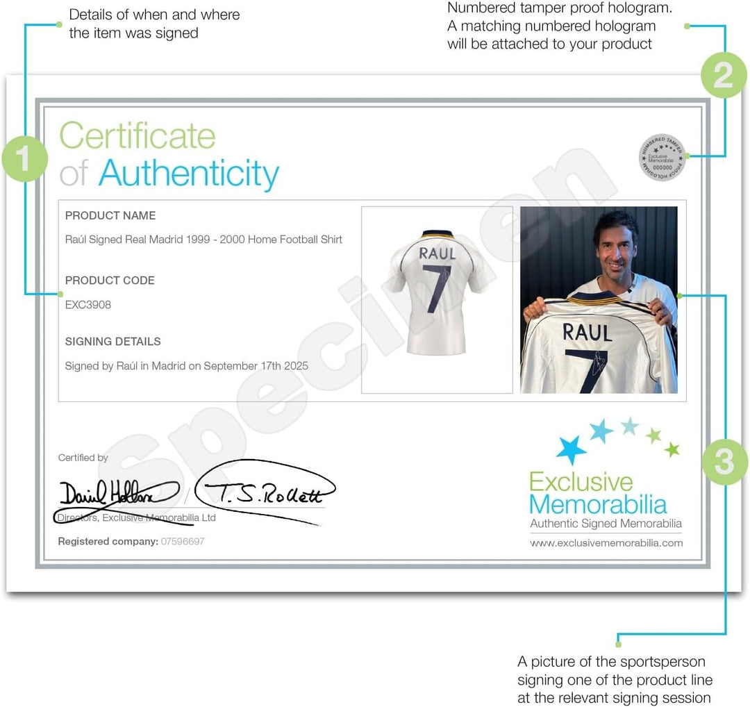 Von Raul signiertes Real Madrid-Trikot 1999–2000. Gerahmt