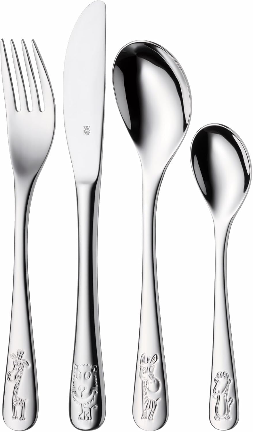 WMF Safari Kinderbesteck Set 4-teilig, Kinderbesteck Edelstahl, Besteck Kinder ab 3 Jahre, Cromargan