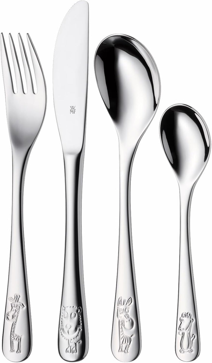 WMF Safari Kinderbesteck Set 4-teilig, Kinderbesteck Edelstahl, Besteck Kinder ab 3 Jahre, Cromargan