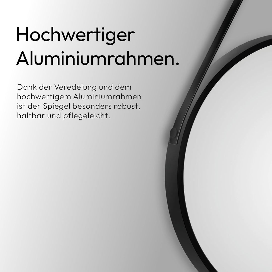 Talos Aufhängegurt in Lederoptik-Spiegel rund mit hochwertigen Aluminiumrahmen, schwarz matt, Ø 50 c
