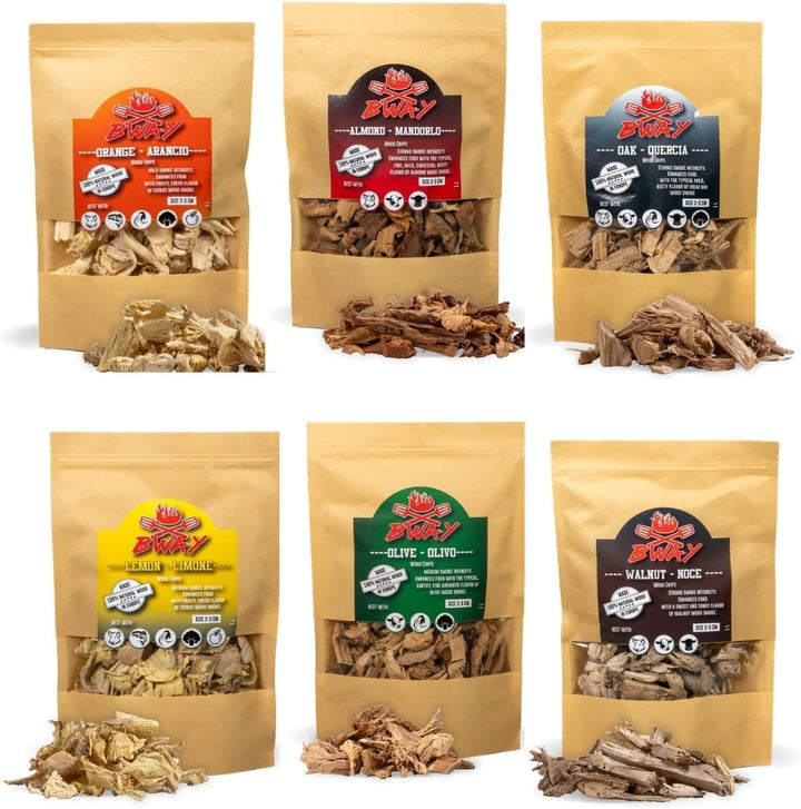 6 x Grill Räucherchips Pack - BBQ Räucherholz - Olive, Orange, Mandel, Zitronen, Walnuss und Eiche R