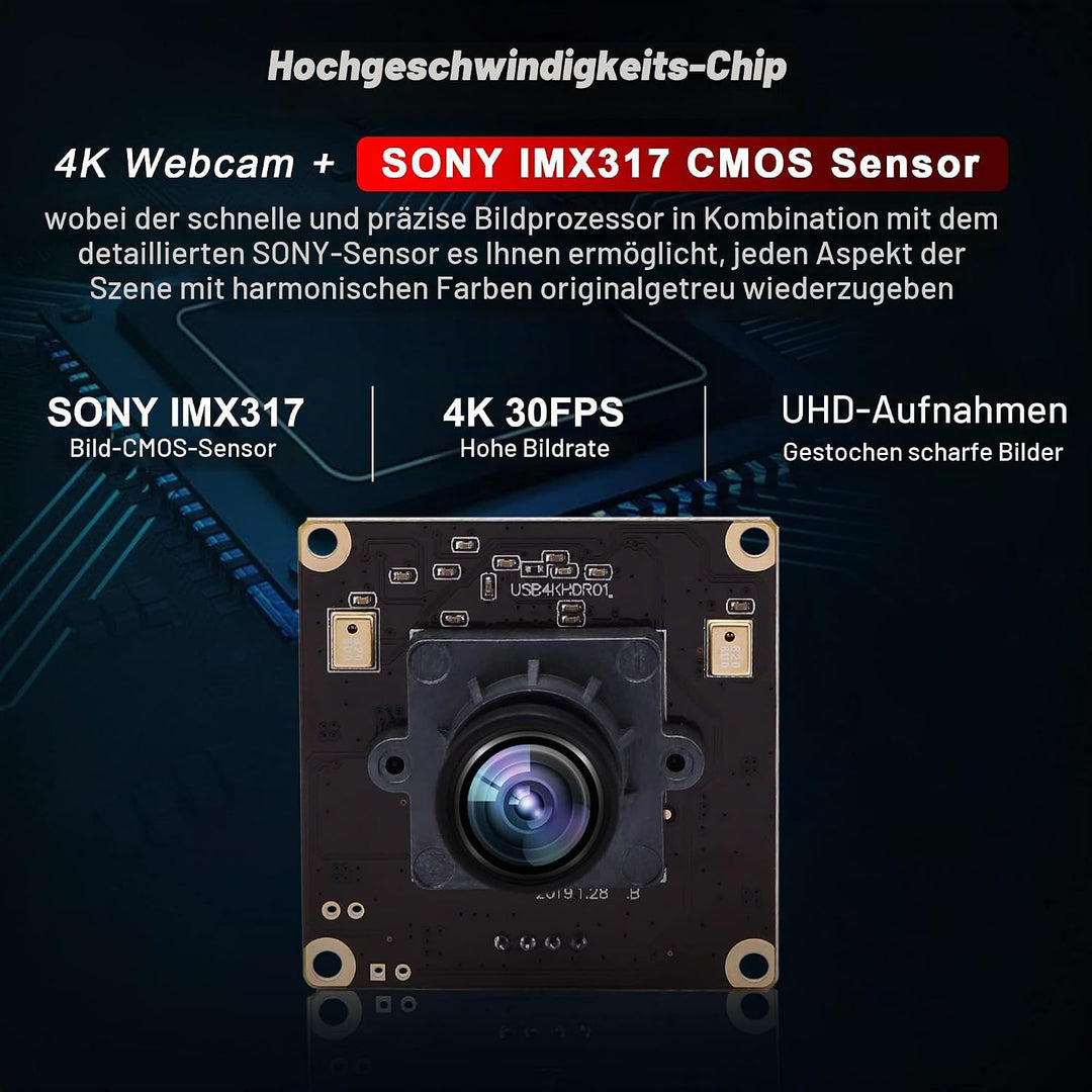 ELP 4K Ultra HD Webcam Unterstützung 3840x2160@30fps mit No-Distortion Objektiv, IMX317 Sensor PC We