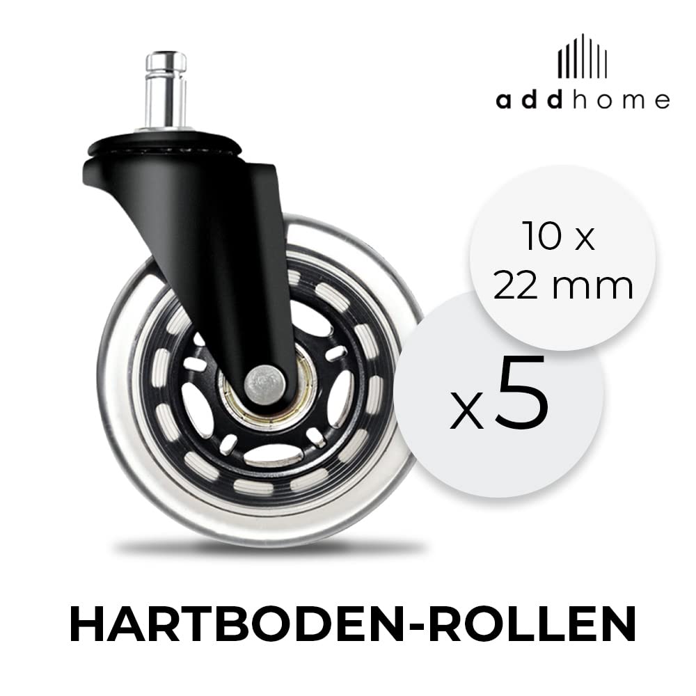 addhome 5er Set Hartbodenrollen | Bürostuhl Rollen 10x22mm | leise Ersatzrollen für Teppich- und Par