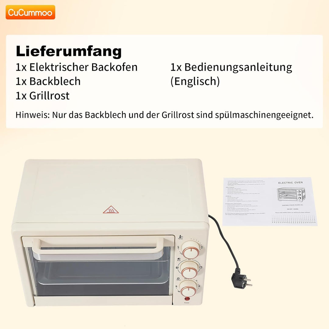 22 L Minibackofen, Klein mini Backofen mit Grillpfanne & Grillrost, 1000 W, 60Mins Timer, Pizza-Ofen