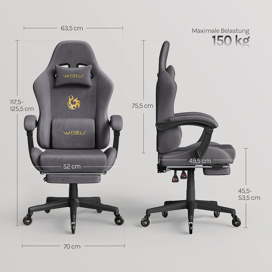 WOLTU Gaming Stuhl,Erwachsenen Computersessel,mit Gummi-Stuhlrollen,Grau | Ergonomisch, mit Verstell