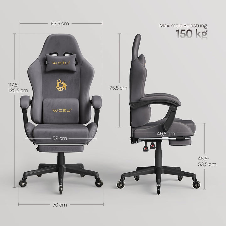 WOLTU Gaming Stuhl,Erwachsenen Computersessel,mit Gummi-Stuhlrollen,Grau | Ergonomisch, mit Verstell