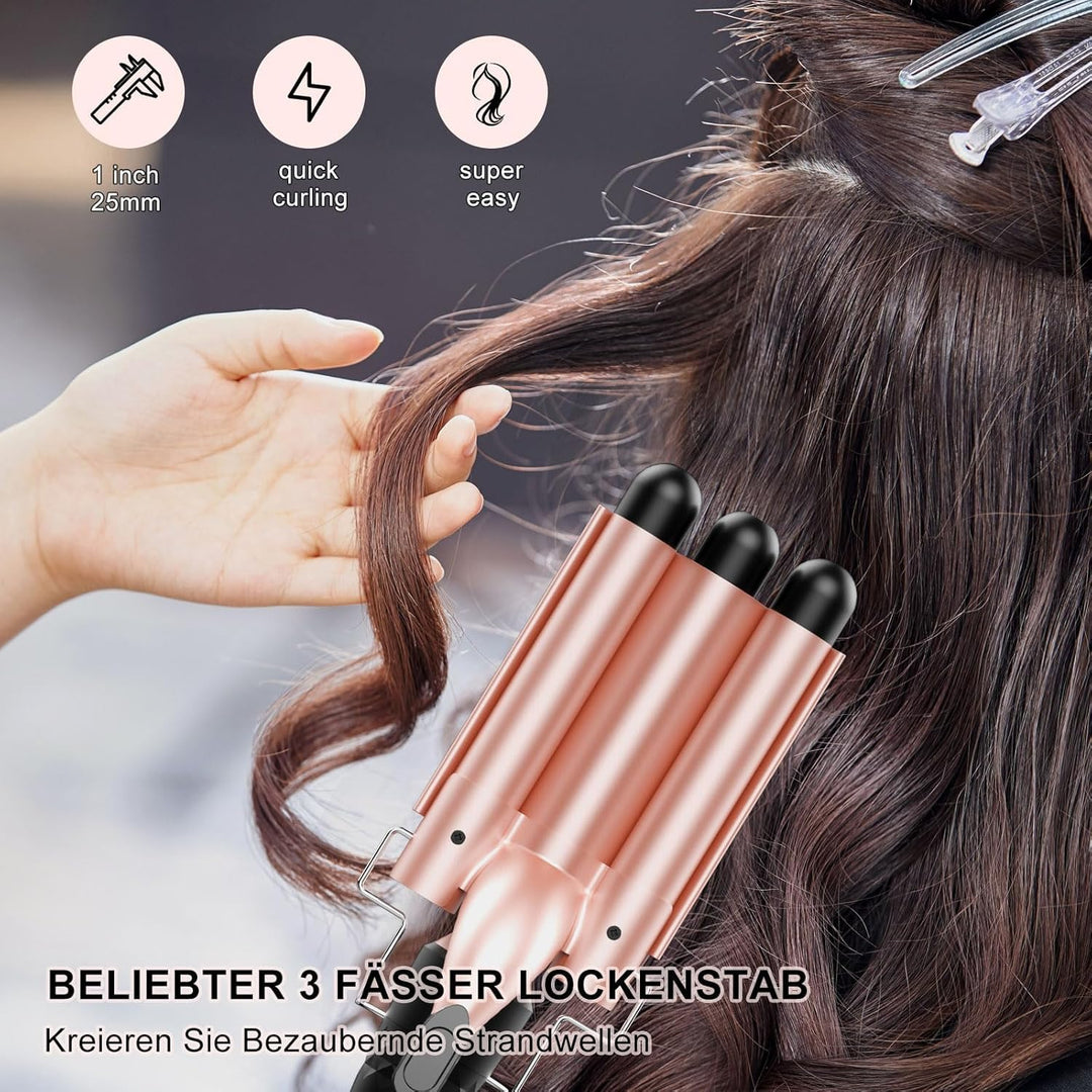 Lockenstäbe Set 5 in 1, MAX-T Lockenstab mit 3 Fässer und Multifunktion Thermal Brush, mit Verschied