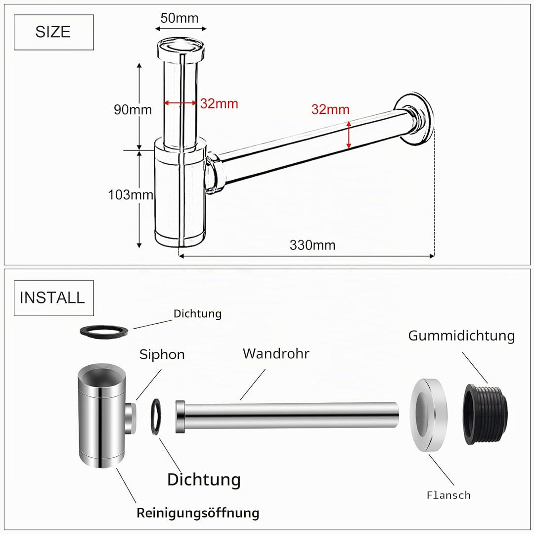 EXLECO Siphon mit Ablaufgarnitur 1 1/4" x Ø 32mm Edelstahl Siphon Geruchsverschluss Verstellbar Univ