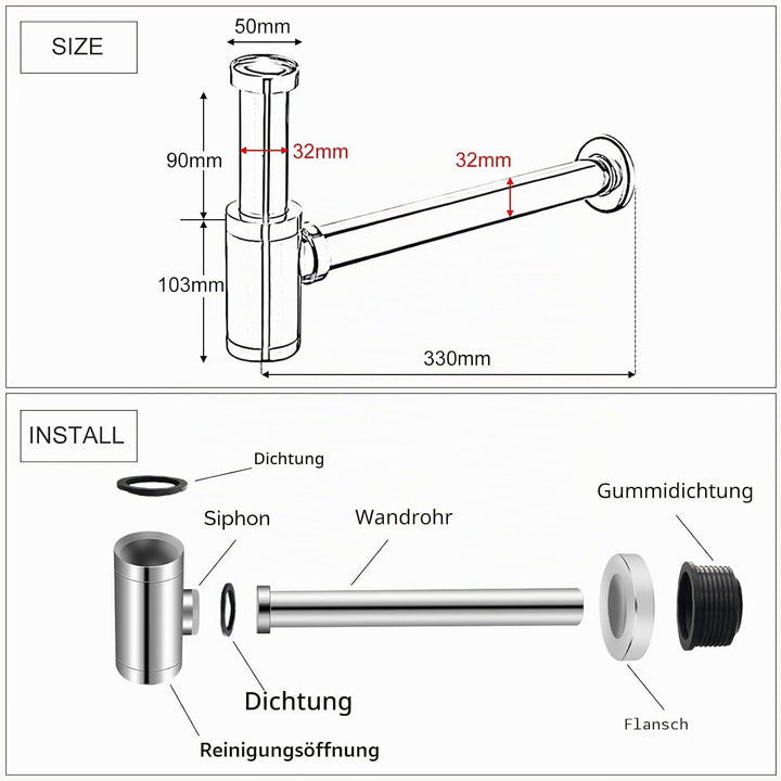 EXLECO Siphon mit Ablaufgarnitur 1 1/4" x Ø 32mm Edelstahl Siphon Geruchsverschluss Verstellbar Univ