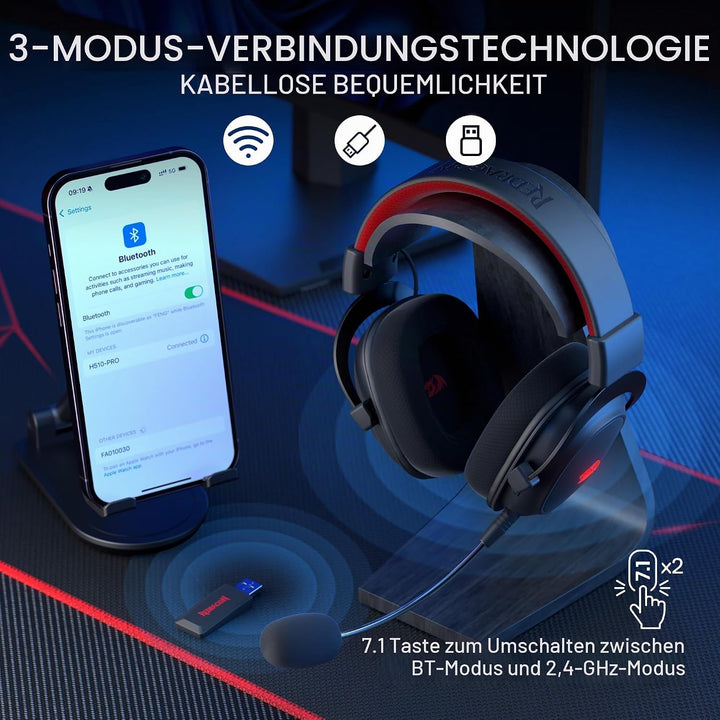 Redragon H510 Zeus-X RGB Kabelloses Gaming-Headset – 7.1 Surround Sound – 53 mm Audio-Treiber-Ohrpol