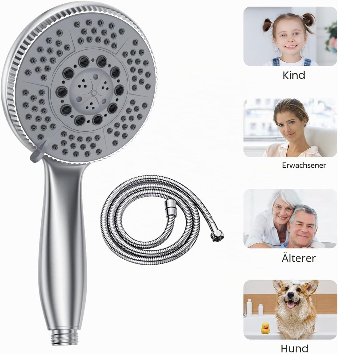 Vinabo Sparduschkopf wassersparend – Duschbrause mit Schlauch, 1,5 m Edelstahl-Duschschlauch (G1/2),