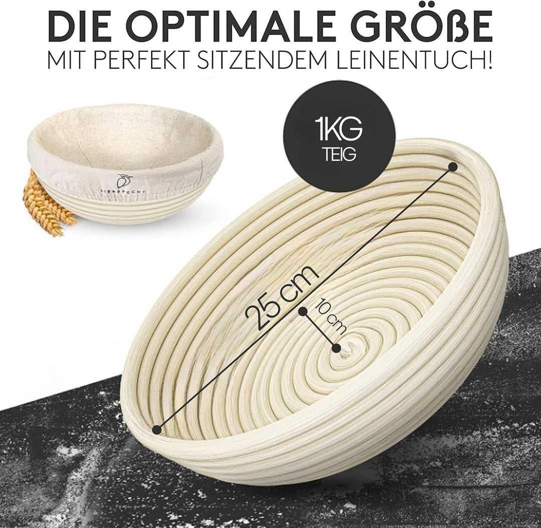 Hochwertiger Gärkorb rund (25cm) - Peddigrohr Brotbackform mit waschbarem Leineneinsatz - Optimal fü