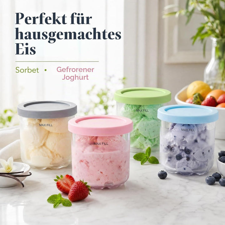 4er-Set Ersatzbehälter Mit 4 Löffel, 473ml Eisbehälter Und Abdeckung, Kompatibel Mit Ninja Creami NC