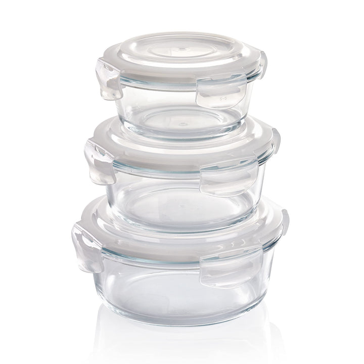 Grizzly Glas Frischhaltedosen, 3er Set, 400 ml, 620 ml, 950 ml, luftdicht, rund, Click-Verschluss, V