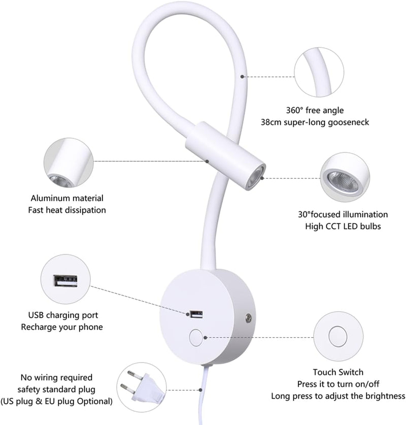 Brightmax Leselampe Wandleselampe Ladegerät USB-Ladeanschluss Touch-Schalter LED 3W Warmweiss 3000K