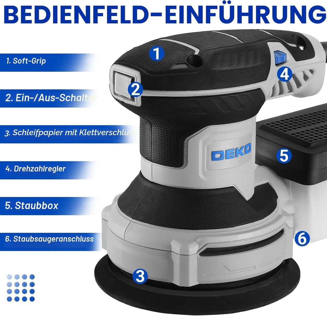 Exzenterschleifer 125mm mit Absaug 300W: DEKOPRO Schleifmaschine für Holz mit 16 Schleifpapieren,6 G