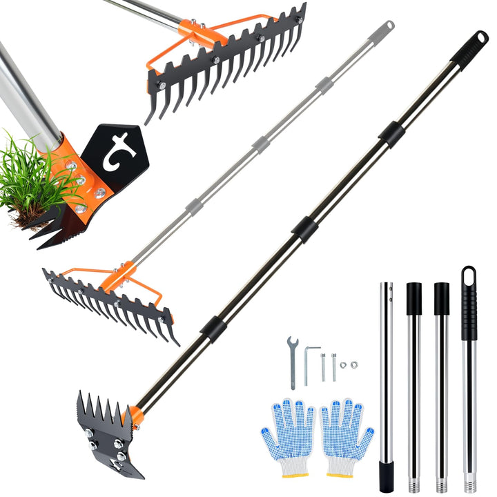 3-in-1 Unkrautstecher mit Langem Stiel 150cm, Gartenhacke, Gartenrechen | 6-zinkiger Gartenhacke, 14