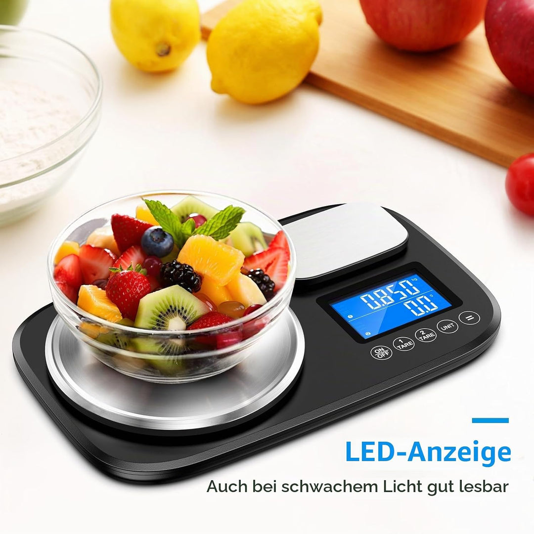 Brifit Küchenwaage mit Dualer Plattform, 10Kg /1g und 1Kg/0,1g，Digitalwaage mit 7 Einheiten, Tara Fu