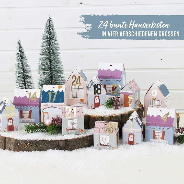 Papierdrachen DIY Adventskalender zum Basteln und Befüllen - Häuser Set - Weihnachtsdorf bunt - 24 b